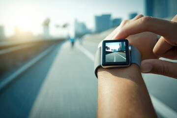 Hand adjusting smartwatch while jogging on urban path cityscape in background morning sunlight fitness technology healthy lifestyle motivation outdoor exercise modern wearable device