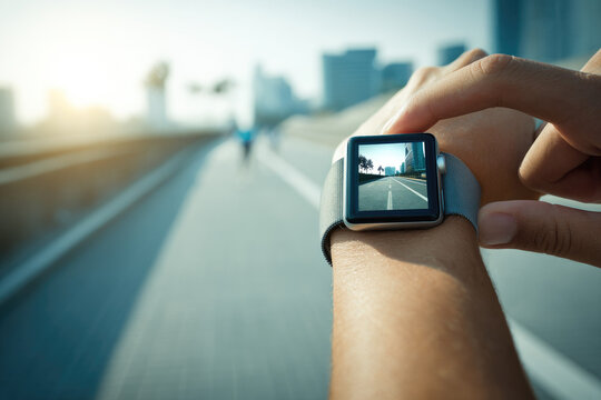 Hand adjusting smartwatch while jogging on urban path cityscape in background morning sunlight fitness technology healthy lifestyle motivation outdoor exercise modern wearable device
