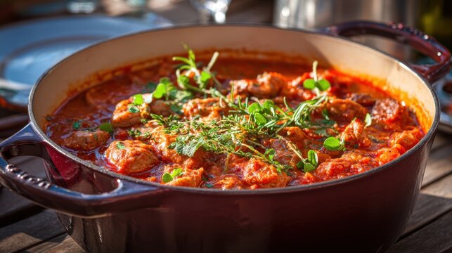 A delicious dish is cooking in a dark pot filled with rich sauce and tender meat pieces. Fresh herbs garnish the top adding flavor and color. The scene captures a warm gathering atmosphere.
