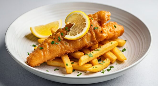 Elegant Fish and Chips With Lemon Wedge Modern Gastro Presentation