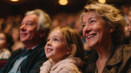 A couple and a young girl are captivated by a live performance in a theater. Their faces show excitement and happiness as they experience the show together surrounded by a lively audience.