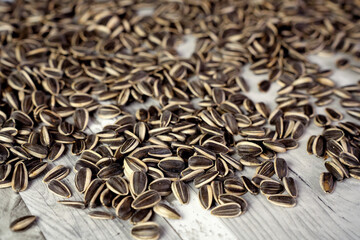 A low-angle image focused on a pile of black and white striped sunflower seeds in their shells, resting on a light-colored, textured wooden background.