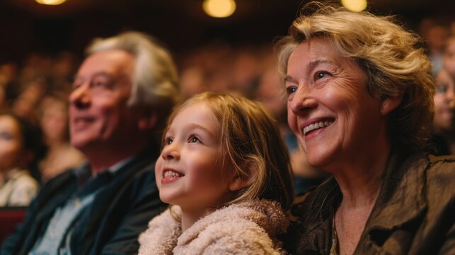 A couple and a young girl are captivated by a live performance in a theater. Their faces show excitement and happiness as they experience the show together surrounded by a lively audience.