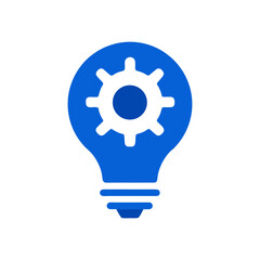 Blue lightbulb with a white gear inside of the bulb on transparent background