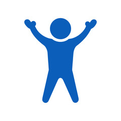 Blue silhouette of a person with arms raised high up on transparent background