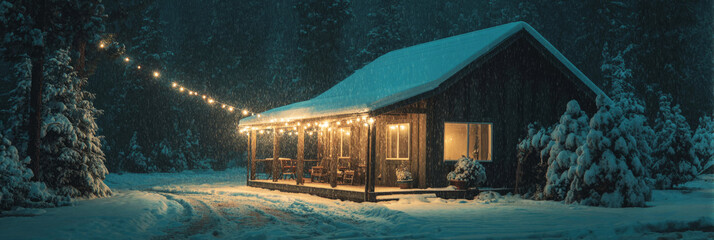 A cozy cabin stands in a snowy setting, adorned with glowing string lights. The starry night sky adds to the serene winter atmosphere, inviting warmth and comfort, banner