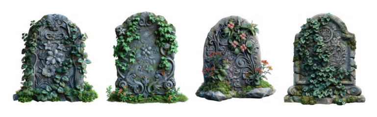 Four weathered stone grave markers overgrown with ivy and moss, isolated on transparent background