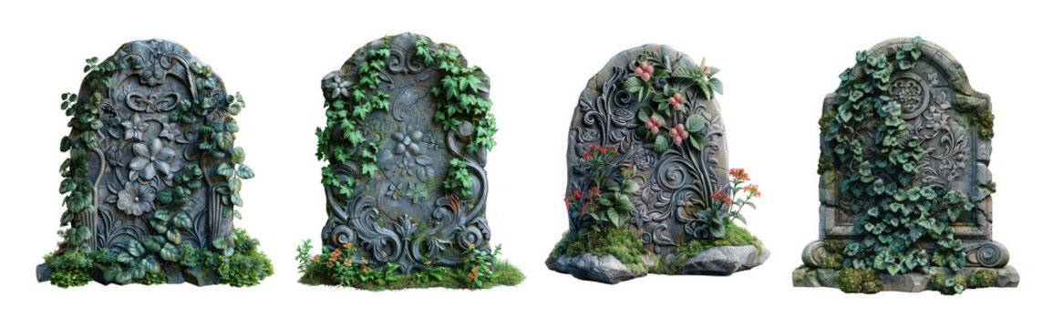 Four weathered stone grave markers overgrown with ivy and moss, isolated on transparent background