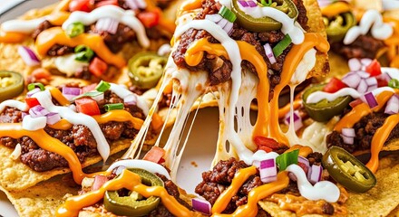 Irresistible Gourmet Loaded Nachos With Stretching Melted Cheese and Macro Detail