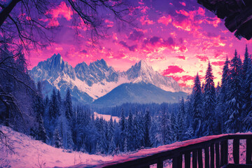 The winter vacation chalet features a warm interior with blankets and drinks, showcasing breathtaking mountain views enveloped in a serene snow-covered landscape