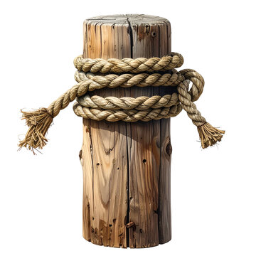 Weathered wooden post with rope tied around it, seen against a black background