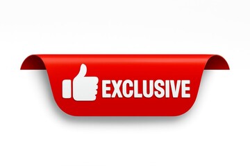 Red ribbon tag with a white thumbs up icon and the word exclusive in white text on a white background