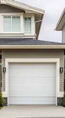 The white garage door stands closed in a neat driveway beside a light-colored house. The clear sky adds brightness to the suburban setting during daytime