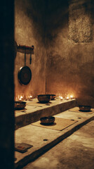 A peaceful space designed for sound therapy features multiple singing bowls surrounded by candles and cushions. The soft lighting creates a soothing atmosphere for relaxation and healing