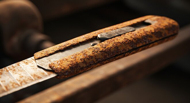 Close up of a rusty utility knife on wooden surface with selective focus