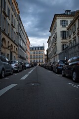 Naklejka premium Moody, urban street scene in Paris with rows of parked cars and historic buildings under a cloudy sky.