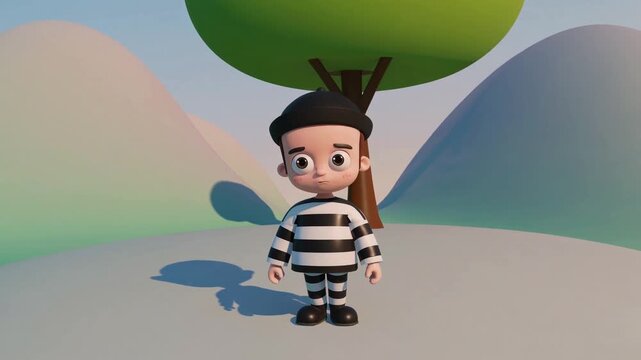 Petit gar&ccedil;on cartoon 3D en tenue ray&eacute;e noir et blanc