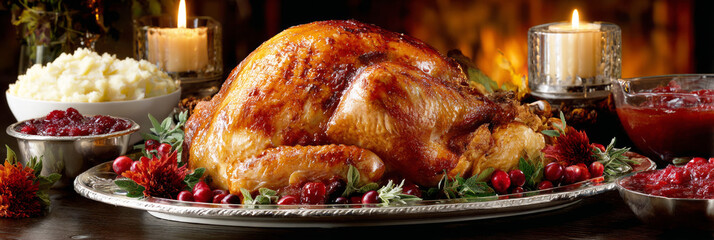 A beautifully roasted turkey is displayed on a plate filled with cranberries, beside mashed potatoes and candles, creating a warm atmosphere for Thanksgiving, banner