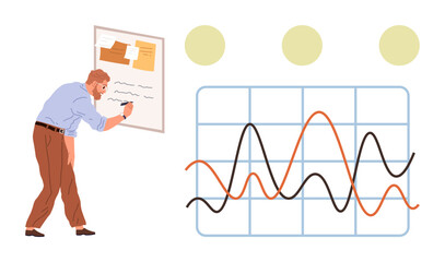 Man writing notes while reviewing trends on chart, preparing data analysis. Ideal for business strategy, planning, research, data analysis, finance, teamwork training. Simple flat metaphor