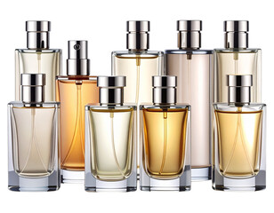  Front View of Designer Perfume Bottles in Symmetrical Minimalist Arrangement, Isolated 