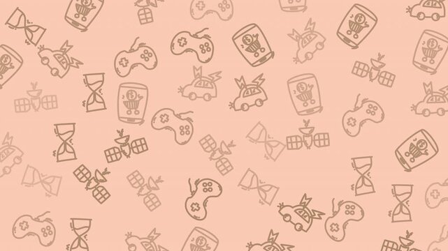 Minimal peach doodle pattern of kids&rsquo; toys, game controllers, and building blocks. Great for nursery design, wrapping paper, and children&rsquo;s branding