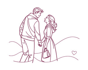 Romantic Couple Holding Hands Walking Together in Minimalist Line Art Style Expressing Love and Connection for Valentines Day Concepts