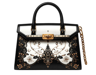  Front View of Black and White Embroidered Handbag with Shiny Gold Chain, Isolated