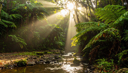 Sunlit Stream in Lush Rainforest
