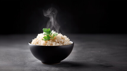 Steaming Rice Bowl: A close-up shot of a steaming bowl of perfectly cooked rice, garnished with a sprig of fresh parsley, emanating warmth and inviting aromas, perfect for food-related contents.