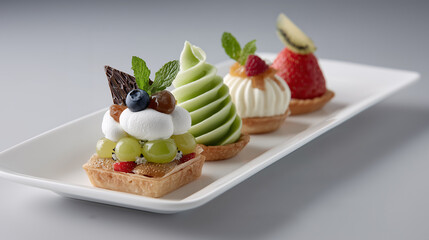 Artisanal Delights: A culinary masterpiece featuring a vibrant array of miniature tarts, each meticulously crafted with a unique combination of fresh fruits, delicate creams, and artistic flair.