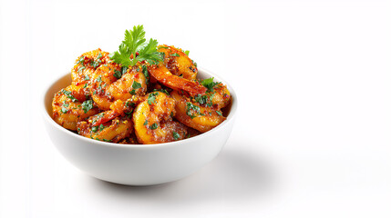 Seafood Dish: A delectable dish of cooked shrimp, garnished with fresh parsley, rests invitingly in a pristine white bowl, a culinary masterpiece.
