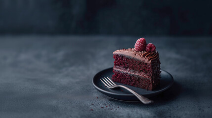 Chocolate Cake Slice: a tempting slice of rich chocolate cake, adorned with fresh raspberries, sits elegantly on a plate. A fork beside the cake, inviting a moment of sweet indulgence.