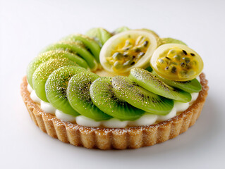 Kiwi and Passion Fruit Tart: A mouthwatering kiwi and passion fruit tart showcases a delightful combination of vibrant green kiwi slices and a burst of tangy passion fruit.