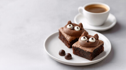 Chocolate brownie cats & coffee: Two adorable, handmade chocolate brownie cats sit temptingly on a white plate next to a cup of coffee, a perfect blend of sweetness and caffeine
