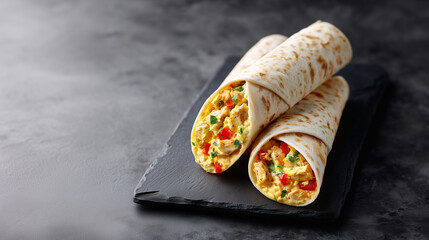 Savory Wraps on Black Surface: Two delicious wraps sit invitingly, displaying a tempting filling with fresh ingredients, on a dark and elegant slate. A culinary delight.