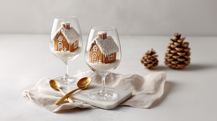 Gingerbread House in the Glass: Two gingerbread houses nestled inside elegant wine glasses, with pinecone, capturing the essence of cozy holiday decor. 