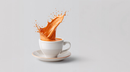 Liquid Symphony: Capturing the moment, a vibrant splash of tea erupts dynamically from a pristine white cup and saucer, painting an image of fluid energy and delicate balance.