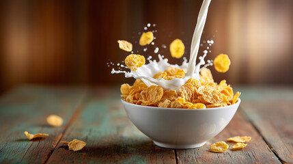 Cereal and Milk Splash: Capture the freshness and vibrant energy of breakfast with a shot of milk pouring into a bowl of cereal. Each detail enhances the feeling of freshness and culinary delight.