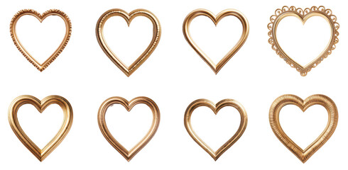 Golden Hearts: Collection of eight gold-framed heart shapes, each uniquely designed to symbolize love and affection, creating an elegant display.