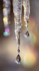 Long icicles hang from a roof, melting and forming droplets. Sunlight shines through, creating a sparkling display of colors in the background during a cold winter day