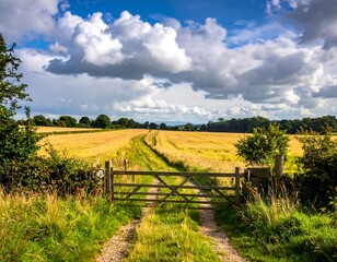 Fototapeta premium A rustic countryside scene with a wooden gate leading into a field of golden crops. The sky is filled with fluffy white clouds