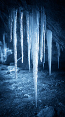 Stalactites of ice dangle from the roof of a cave, reflecting cold blue tones. The ground is rocky, creating a chilly winter scene filled with natural beauty