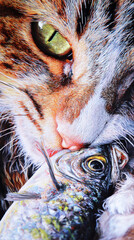 A fluffy orange and white cat leaps through a sunlit area, proudly carrying a freshly caught fish in its mouth. The cat's energetic pose highlights its agility and hunting prowess