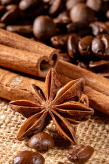 Artfully arranged coffee beans, anise, and cinnamon on rustic burlap napkin