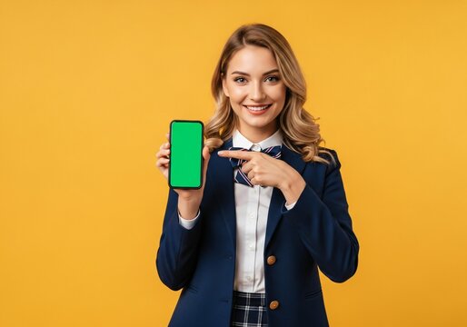 Young woman holding a smartphone with a green screen