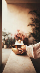 A practitioner gently hovers a hand above a singing bowl, focusing on sound therapy in a calming environment filled with soft light and natural elements