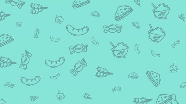 Minimal doodle pattern of candies, noodles, and desserts in pastel turquoise color. Ideal for food packaging, cafe design, and sweet snack branding