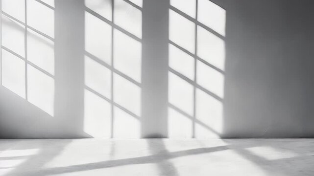 Sunlight is illuminating empty room through window, creating beautiful shadows on white wall and floor