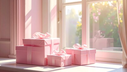 Pink gifts by a window