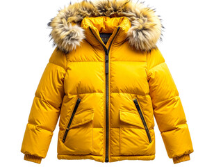  Yellow Winter Jacket with Fur-Lined Hood, Zipped Up, Studio Front View, Isolated
